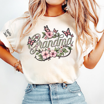 Personalized Floral Grandma Shirt with Custom Name - Custom Butterfly Floral T-shirt for Grandmother Gift