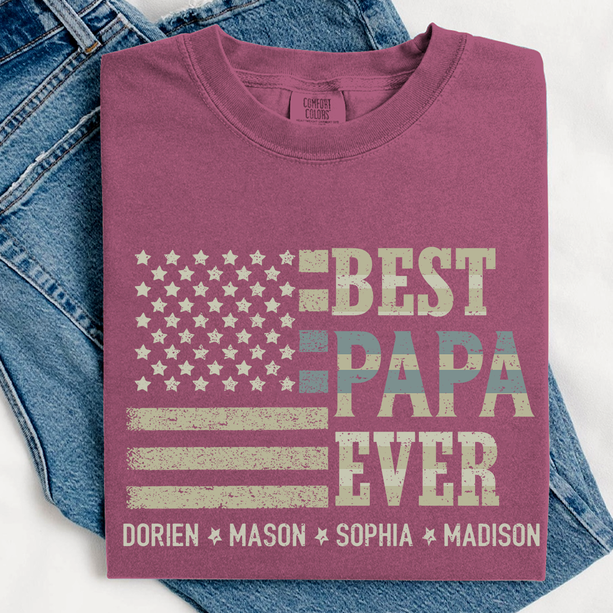 Best Papa Ever American Flag Shirt - Custom Comfort Colors Tee with Kids Names - Father's Day Gift