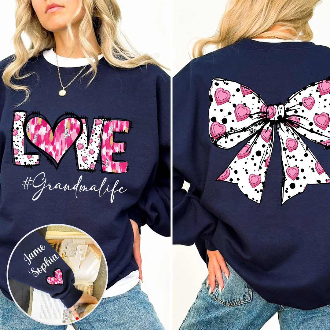 Custom LOVE Grandma Sweatshirt with Pink Heart Bow Design - Personalized with Grandkids' Names - Thoughtful Gift for Grandmothers