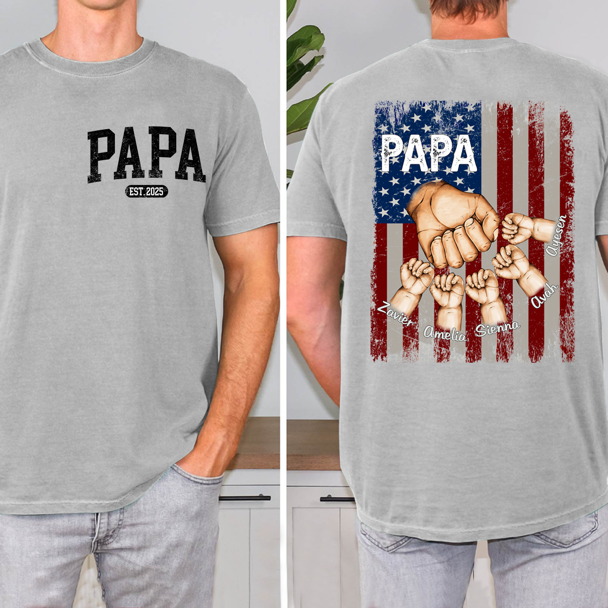 Personalized Papa Fist Bump Grandchild Names Shirt, Customized Fathers Day Grandkids Hands Name T-Shirt