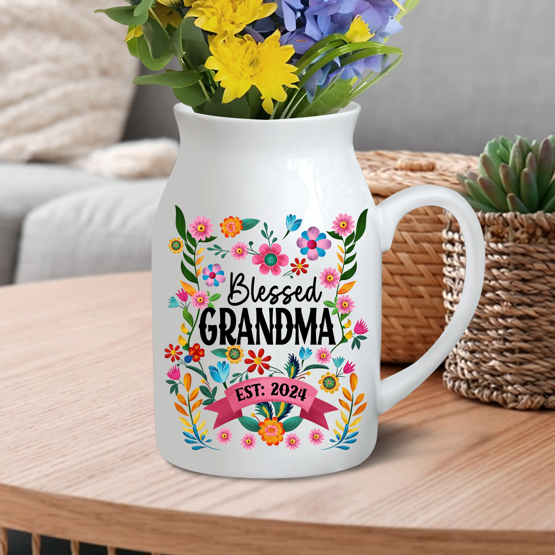 Blessed Grandma Est And Kids - Custom Home Decoration Flower Vase According To Family Requirements - Warm Gift For Mother's Day, Ceramic Flower Vase