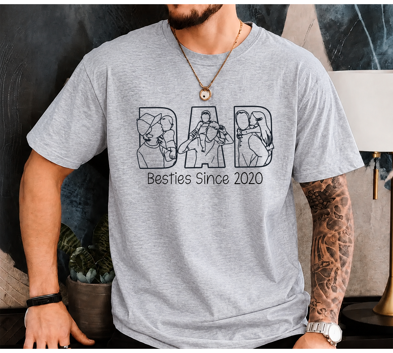 Personalized Photo Dad T-Shirt – Custom Line Art Family Design Gift for Daddy Papa Dad