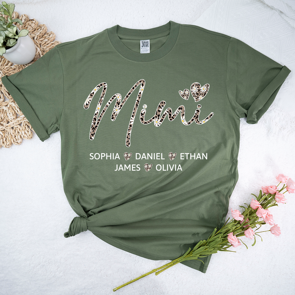 Personalized Mimi Shirt with Grandkids Names, Leopard Print Mimi Grandma T-Shirt Gift for Her