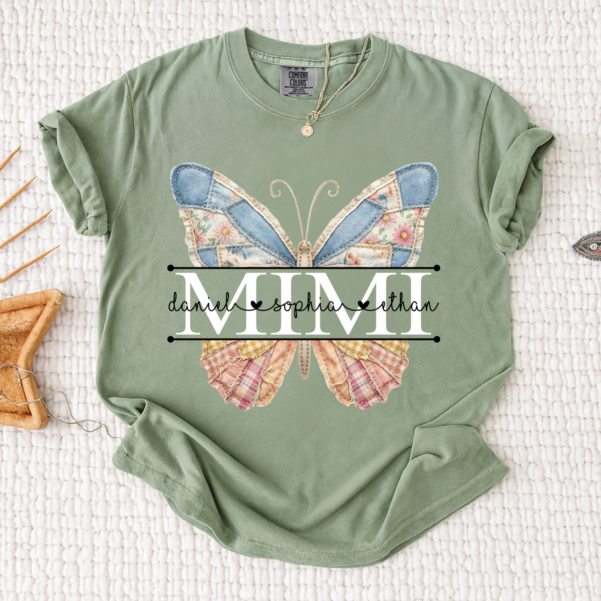 Comfort Mimi Patchwork Butterfly Shirt, Custom Grandkids Names with Floral Family Design Tee