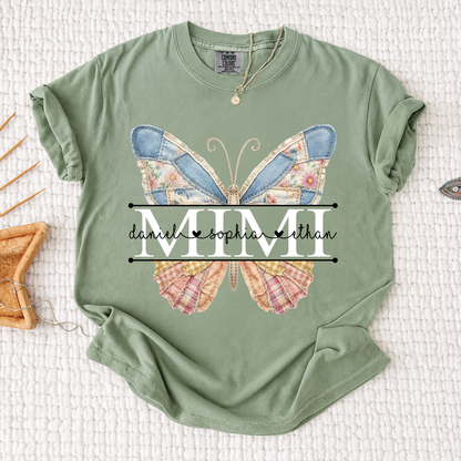 Comfort Mimi Patchwork Butterfly Shirt, Custom Grandkids Names with Floral Family Design Tee