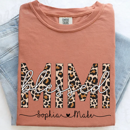 Comfort Colors® -Blessed Mimi Leopard Print T-Shirt – Personalized Grandma Tee with Grandkids' Names – Custom Gift for Mimi