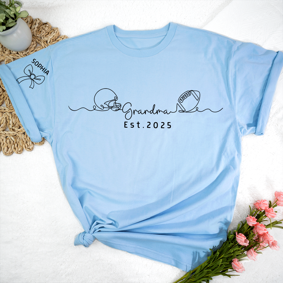 Custom Grandma T Shirt, Football Line Art For Gift Grandma And Kids Est. 2025