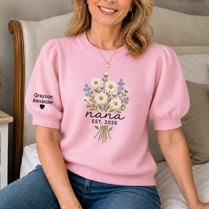 Custom Embroidered Knit Nana Sweater – Personalized Floral EST. 2026 Crewneck with Sleeve Name