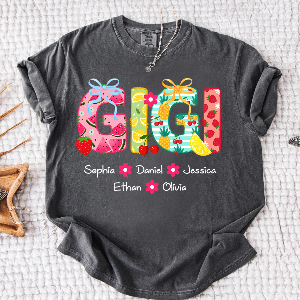 Comfort Colors Personalized Gigi Summer Shirt, Custom Grandma T Shirt with Grandkids Names, Fruit Pattern Family Tee for Gigi Nana Mimi