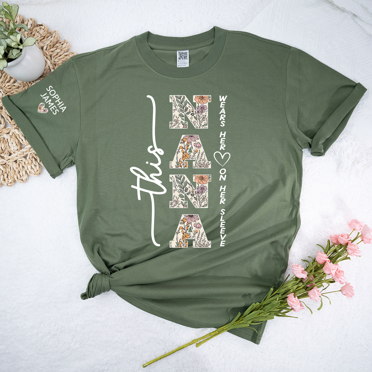 Custom This Nana Wears Her Heart on Her Sleeve Shirt, Floral Design Nana T-Shirt with Kids Names