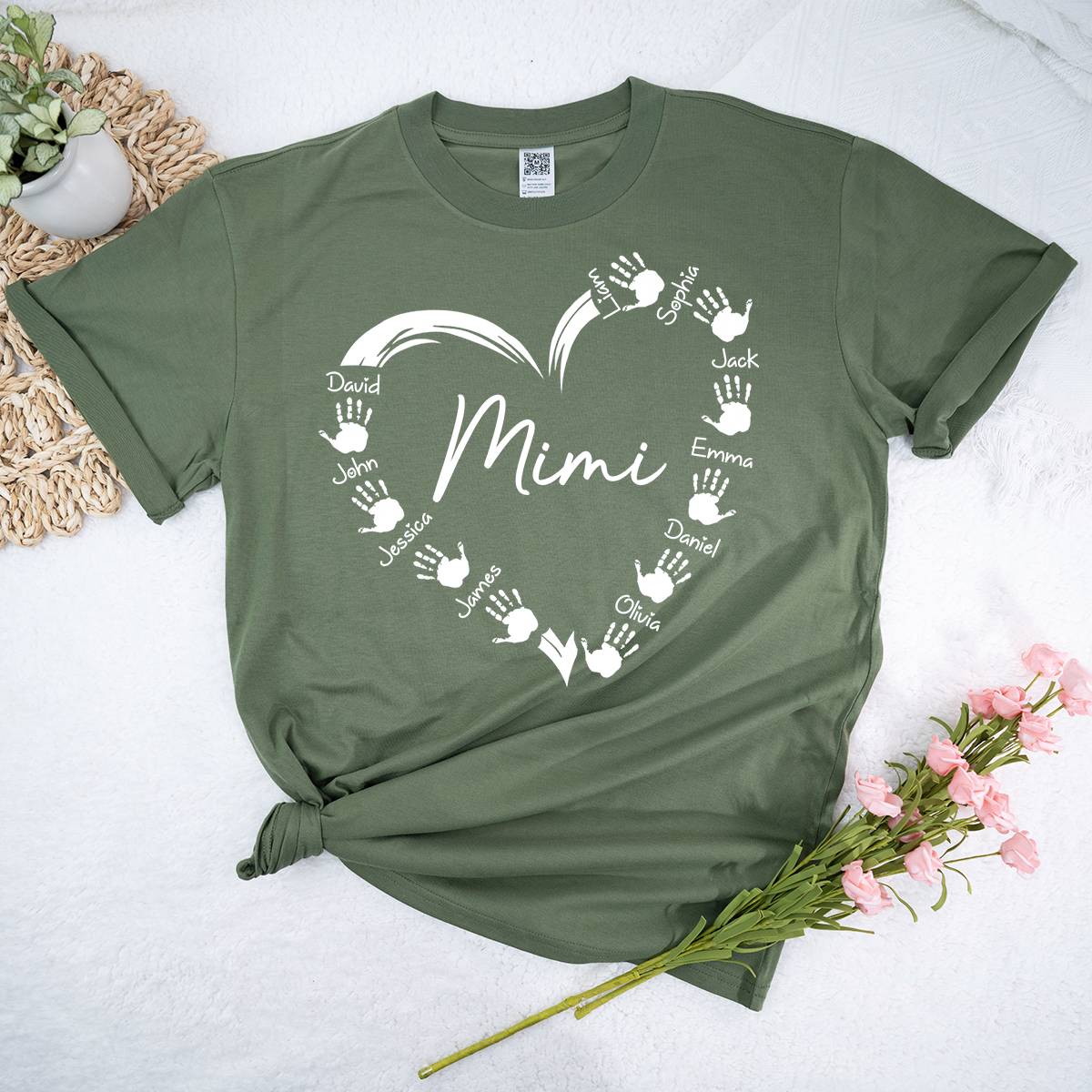 Personalized Mimi Shirt with Grandkids Names, Custom Handprint Heart Mimi T-Shirt for Grandma