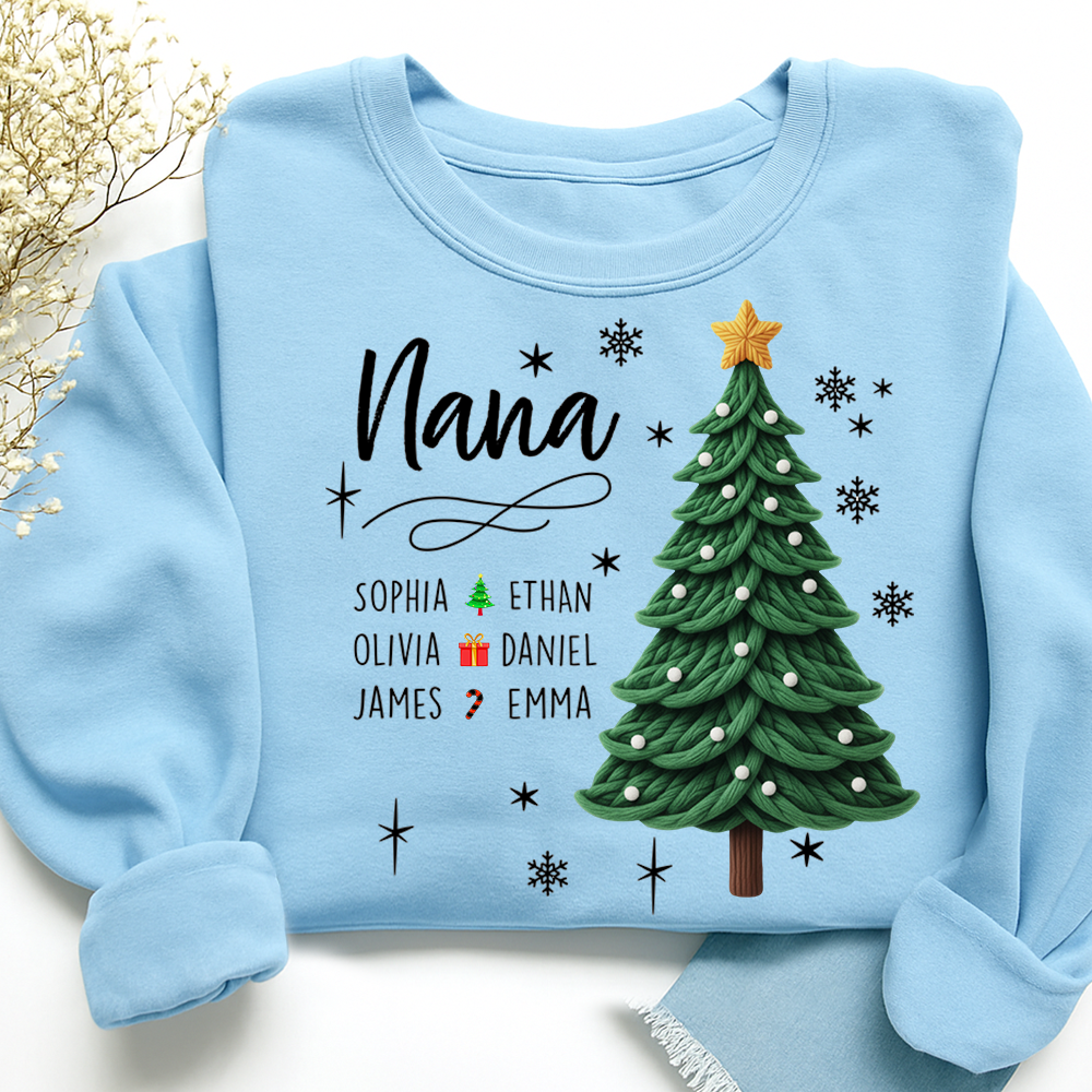 Nana Christmas Sweatshirt with Grandkids’ Names, Cute Tree Holiday Gift