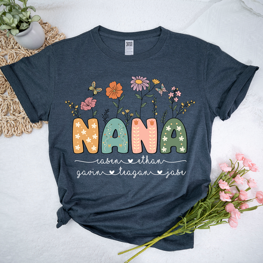 Personalized Floral Nana Shirt, Custom Grandma With Grandkids Mothers Day Gift T-Shirt