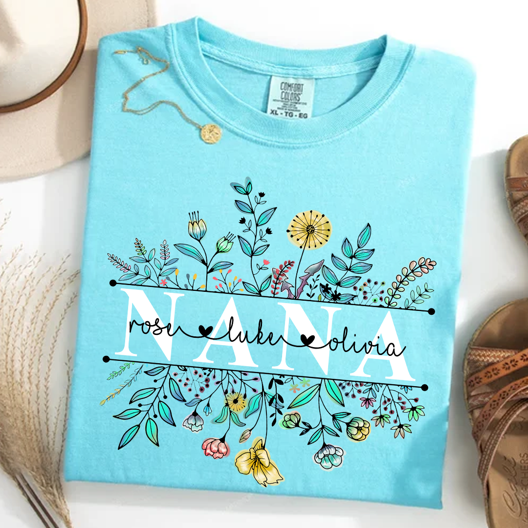 Comfort Colors® Wildflower Grandma Color T-Shirt, Custom Grandma With Grandkids Shirt