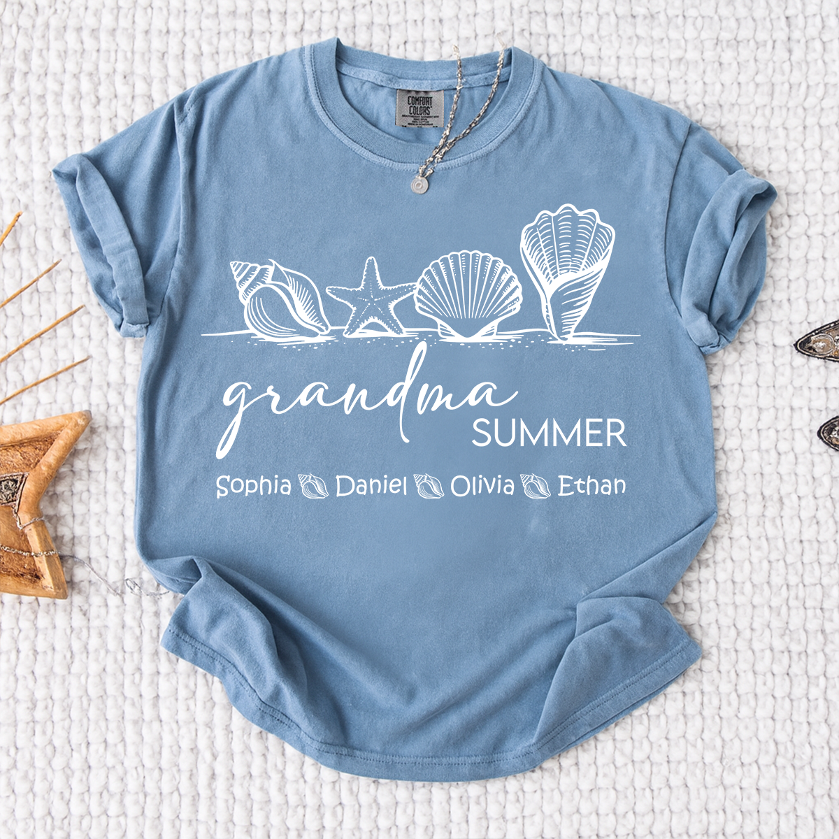 Comfort Colors Grandma Summer Vacation Shirt, Personalized Seashell T-Shirt with Kids Names, Beach Lover Grandma Family Trip Gift