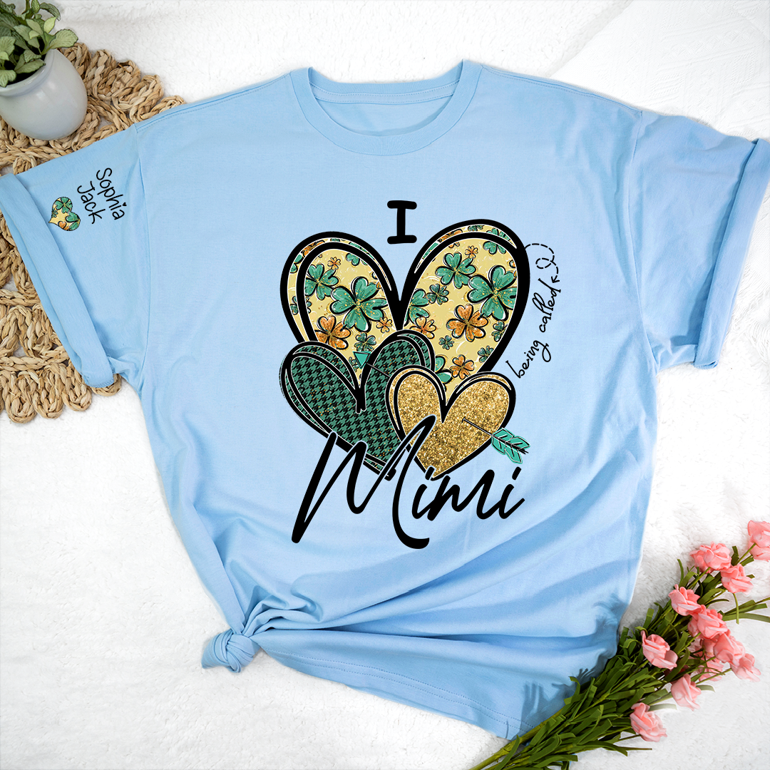 I Love to Be Called Mimi Heart Design T-shirt For St. Patrick's Day, Personalized Clover Design T-shirt for Grandma with Grandchildren's Names