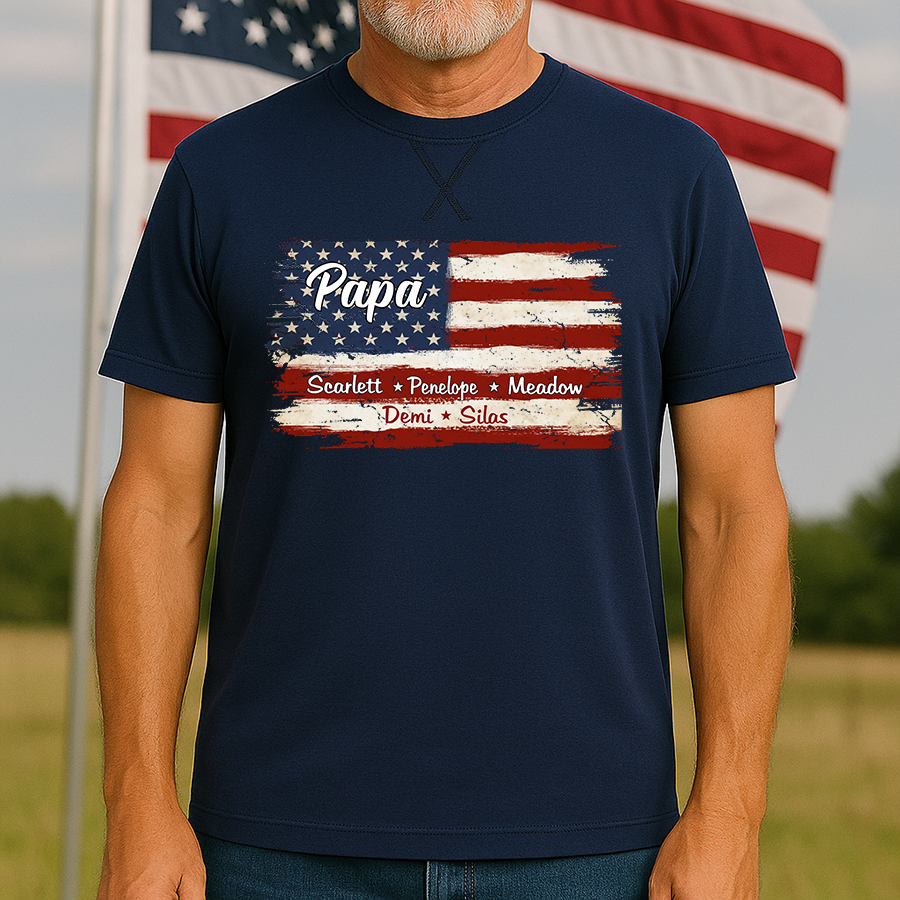 Grandpa With Grandkids Names 4th Of July Flag Classic X-Stitch Tee