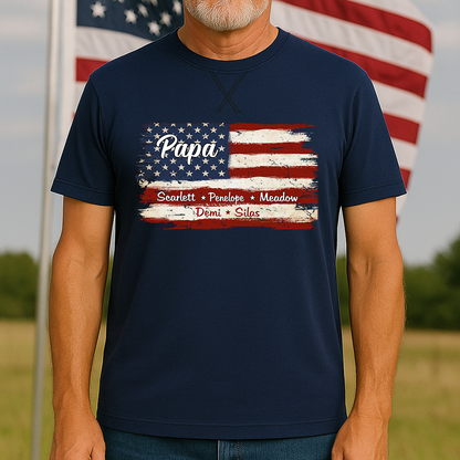 Grandpa With Grandkids Names 4th Of July Flag Classic X-Stitch Tee