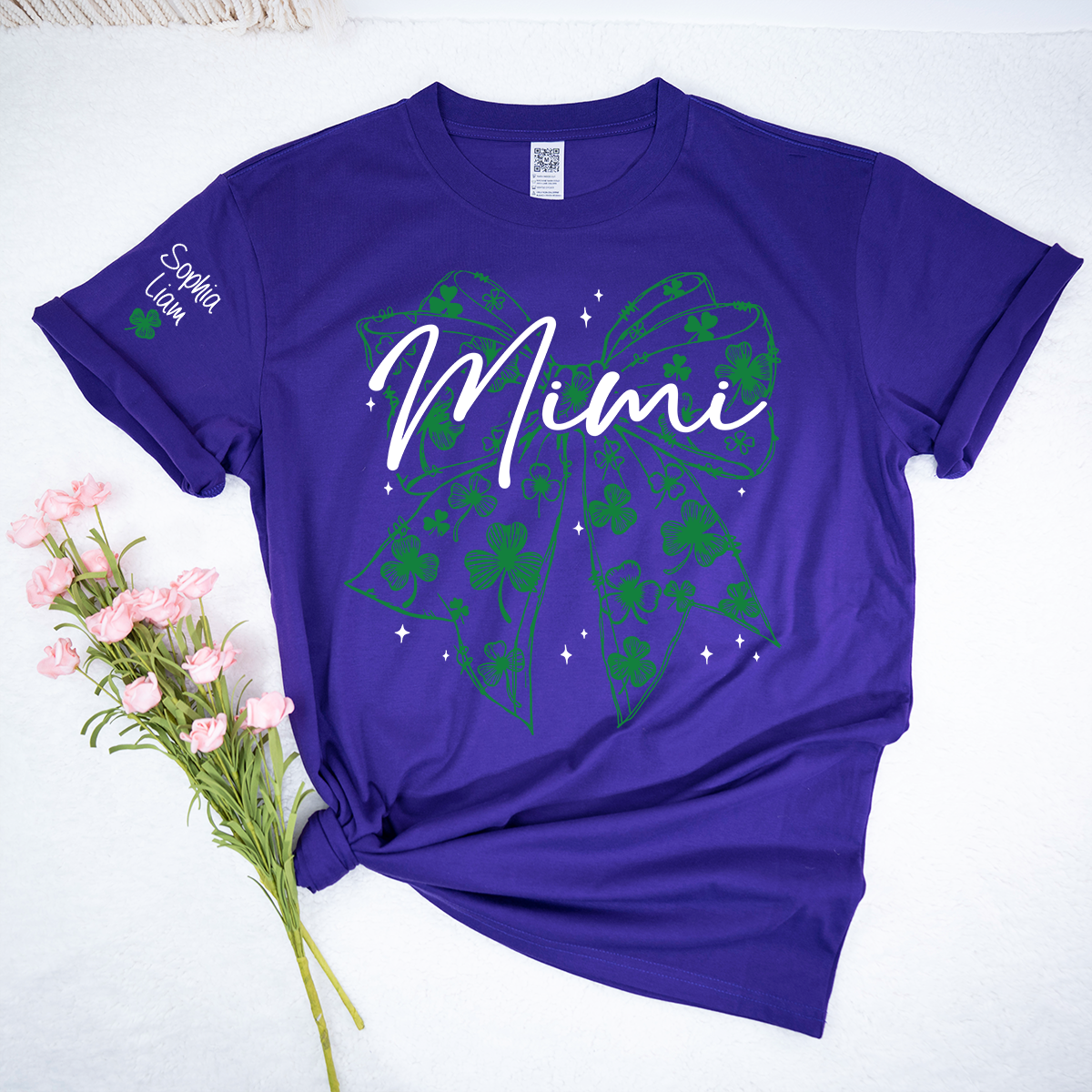 Mimi Clover Shirt Personalized with Grandkids Names, St Patrick’s Day Grandma Gift, Shamrock Bow Family T-Shirt