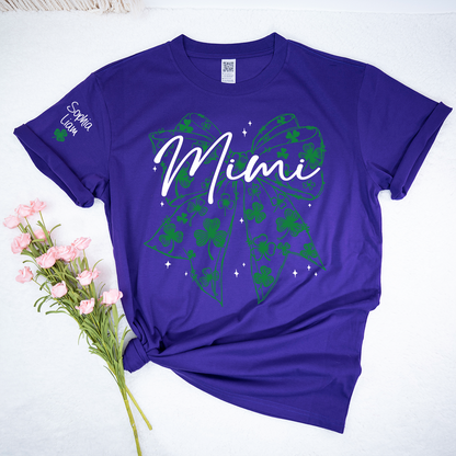 Mimi Clover Shirt Personalized with Grandkids Names, St Patrick’s Day Grandma Gift, Shamrock Bow Family T-Shirt