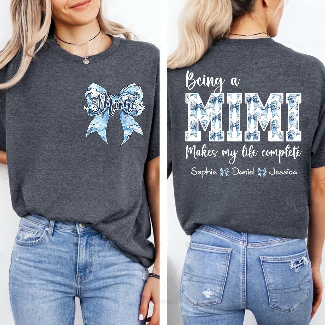 Custom Mimi T Shirt with Grandchildren Names, Blue Bow Coquette Back Design Tee, Personalized Grandma Apparel for Women