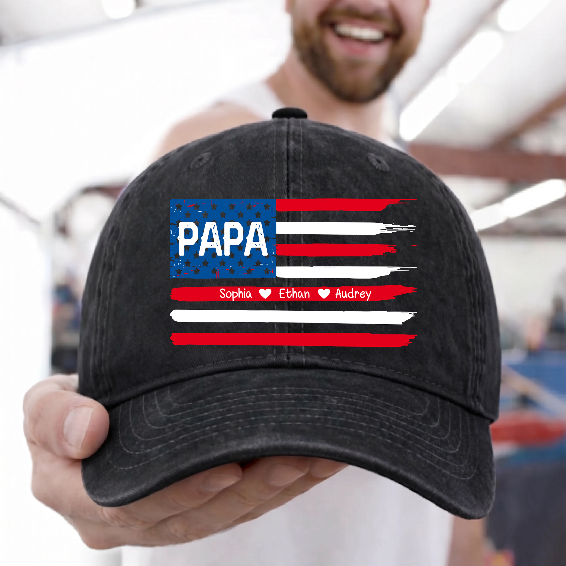 Personalized Papa American Flag Hat Custom Kids Names Baseball Cap Gift For Dad Grandpa Father’s Day Patriotic Adjustable Navy Blue Cap