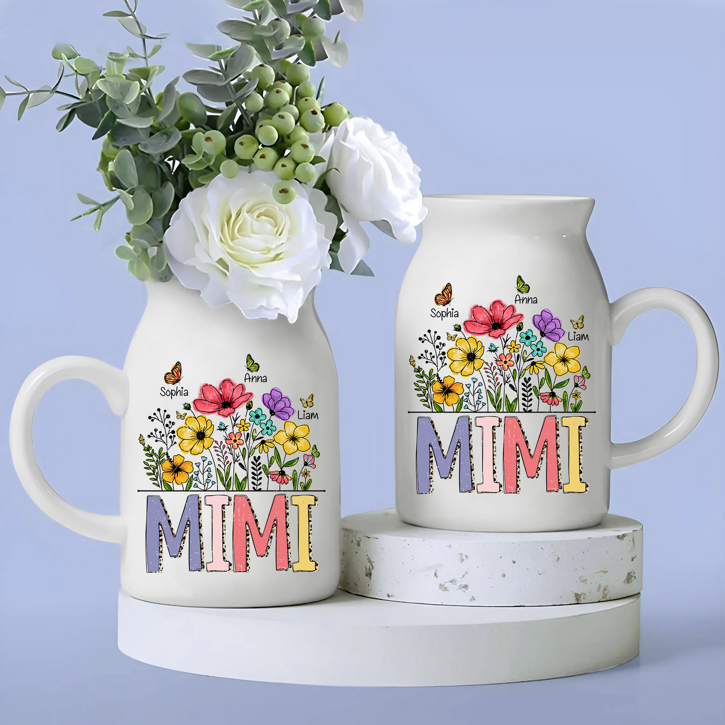Wild Flower, Hand Drawn Blooming Wildflower Mimi And Kids - Custom Home Decoration Flower Vase According To Family Requirements - Warm Gift For Mother's Day, Ceramic Flower Vase