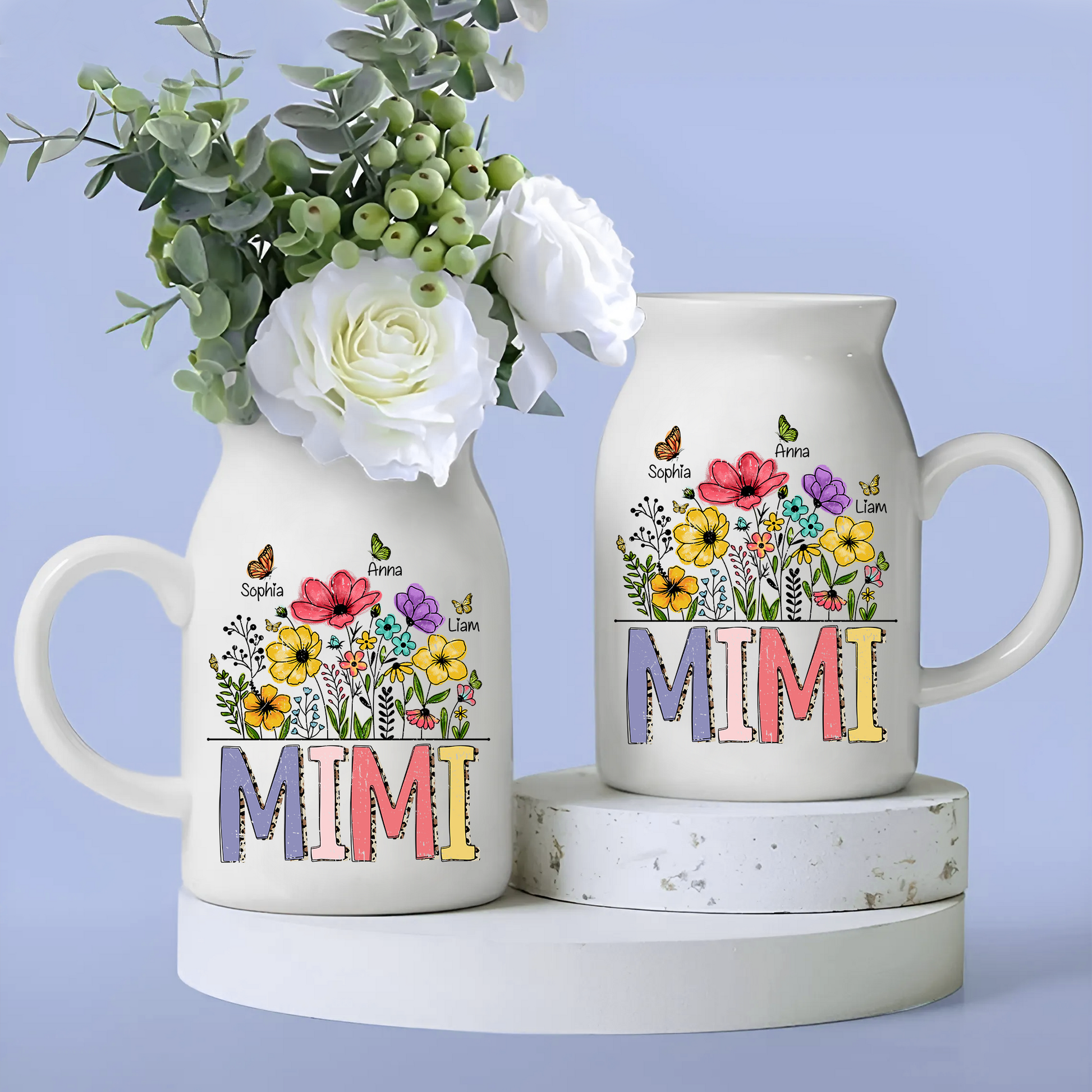 Wild Flower, Hand Drawn Blooming Wildflower Mimi And Kids - Custom Home Decoration Flower Vase According To Family Requirements - Warm Gift For Mother's Day, Ceramic Flower Vase