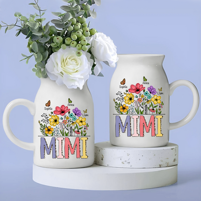 Wild Flower, Hand Drawn Blooming Wildflower Mimi And Kids - Custom Home Decoration Flower Vase According To Family Requirements - Warm Gift For Mother's Day, Ceramic Flower Vase