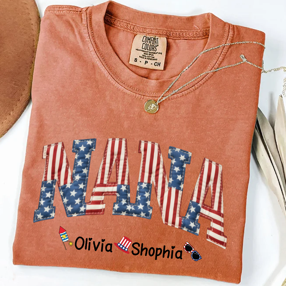 Comfort Colors Personalized Nana T-Shirt with American Flag Design – Custom 4th of July Gift for Nana with Grandkids Names