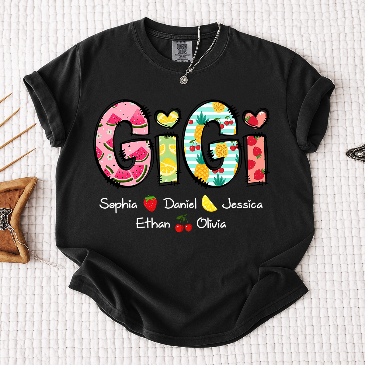 Comfort Colors Custom Gigi Shirt with Kids Names, Personalized Grandma Summer T Shirt, Fruit Pattern Graphic Tee for Nana Mimi Grammy