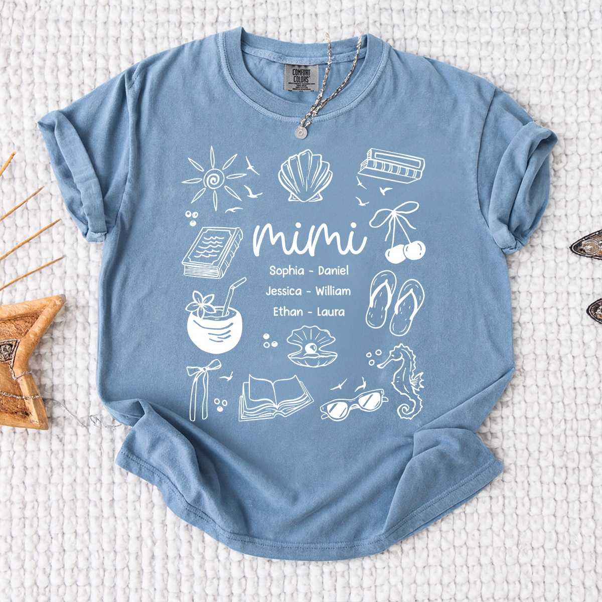 Comfort Colors Personalized Mimi Shirt with Grandkids Names, Custom Coastal Summer Tee, Beach Inspired Family Gift for Grandma and Mimi