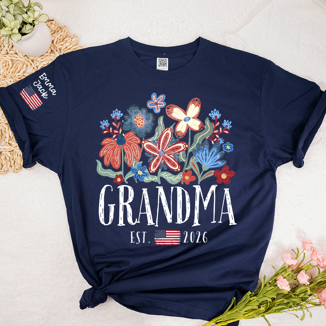 Personalized Flag America Grandma Floral Shirt with Custom Grandkids Names, Colorful Flower Design