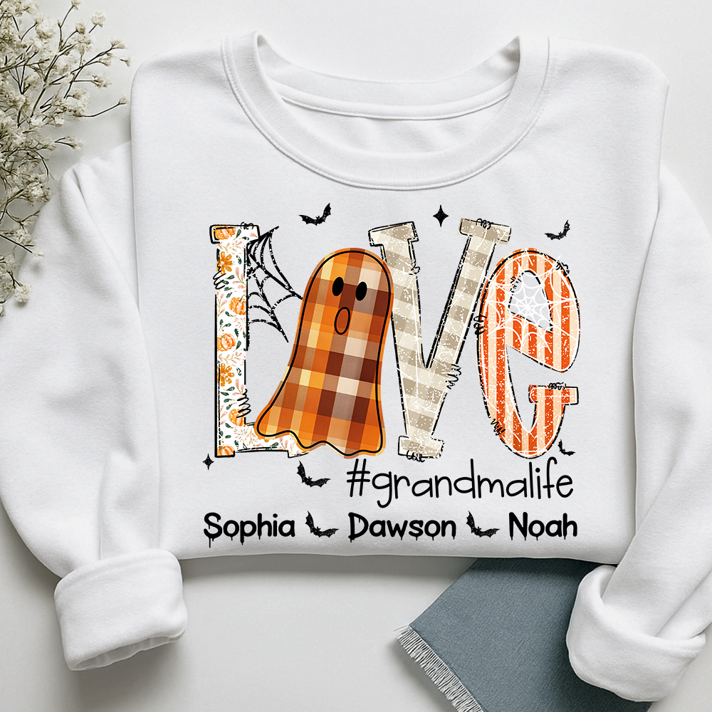 Personalized Grandma Halloween Outfit, Cute Ghost Sweatshirt with Grandkids Names
