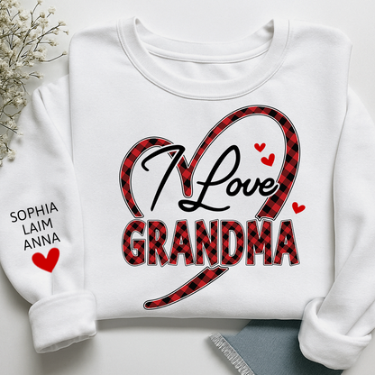 Custom Grandma Sweatshirt with Grandchildren Names, I Love Grandma Plaid Heart Crewneck