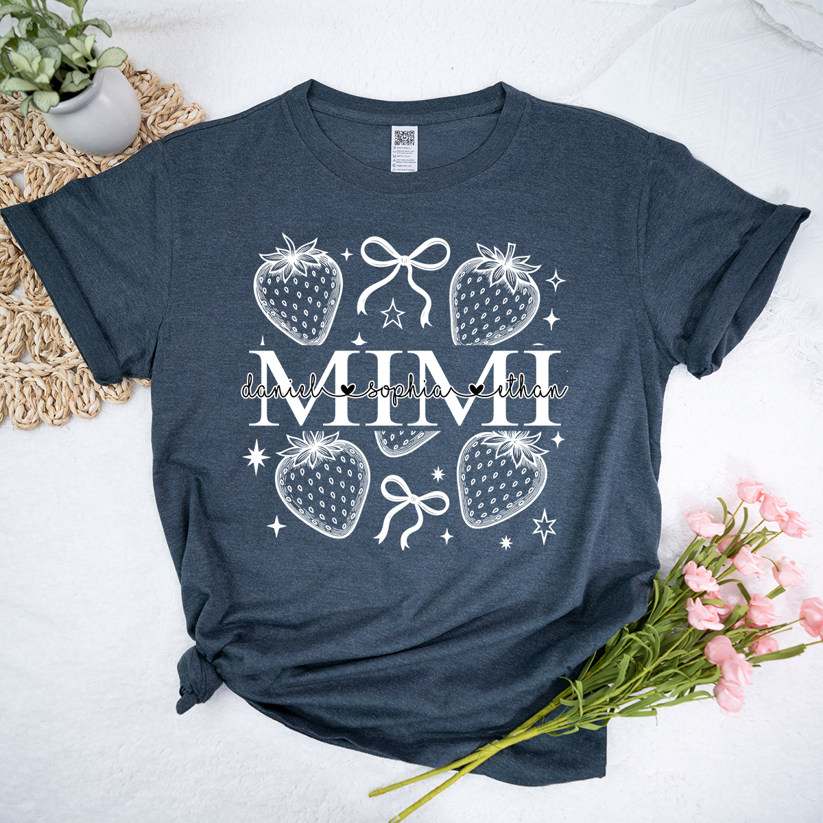 Personalized Mimi Strawberry Shirt, Custom Grandkids Names Floral Bow T-Shirt, Cute Grandma Gift, Summer Fruit Apparel