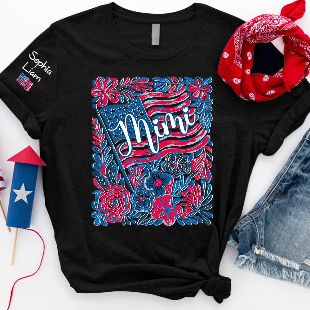 Personalized Mimi Shirt with Kids Names Patriotic Floral Design USA Flag Custom Family Tee