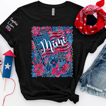 Personalized Mimi Shirt with Kids Names Patriotic Floral Design USA Flag Custom Family Tee