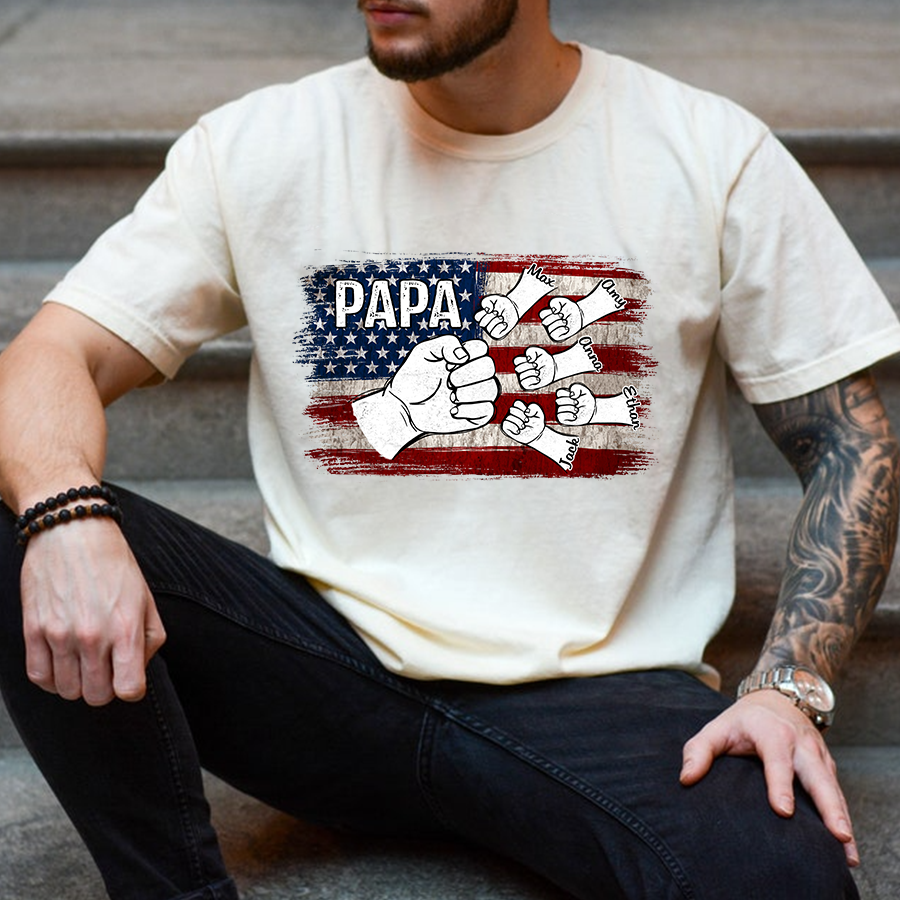 Comfort Colors® Papa Fist Bump Shirt with Kids Names – American Flag Custom T-Shirt for Dad