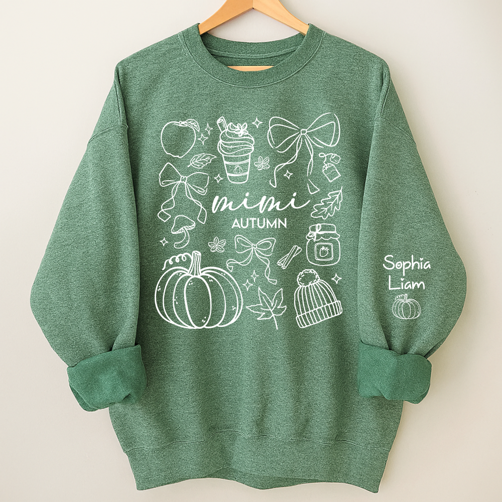 Custom Mimi Autumn Sweatshirt with Grandchildren Names, Personalized Fall Pumpkin Cozy Season Shirt, Grandma Gift