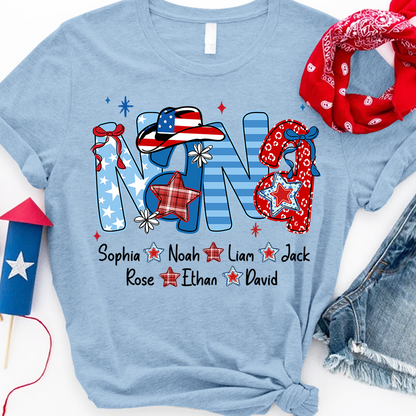 Custom Nana 4th July Independence Day American Flag T-Shirt For Grandma, Personalized Gift For Grandma And Kids