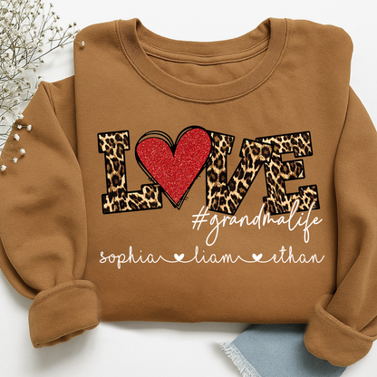 Personalized Grandma Sweatshirt with Grandkids Names, LOVE Leopard Heart Design, Grandma Life Custom Family Crewneck