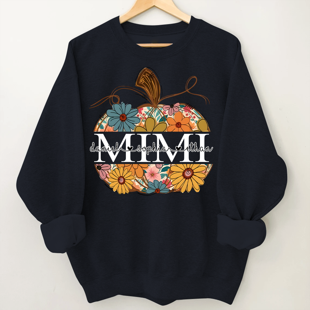 Custom Mimi Pumpkin Sweatshirt with Grandchildren Names, Personalized Floral Fall Shirt, Grandma Thanksgiving Gift
