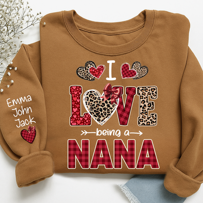 I Love Being a Nana Sweatshirt, Leopard and Plaid Heart Valentine Family Crewneck
