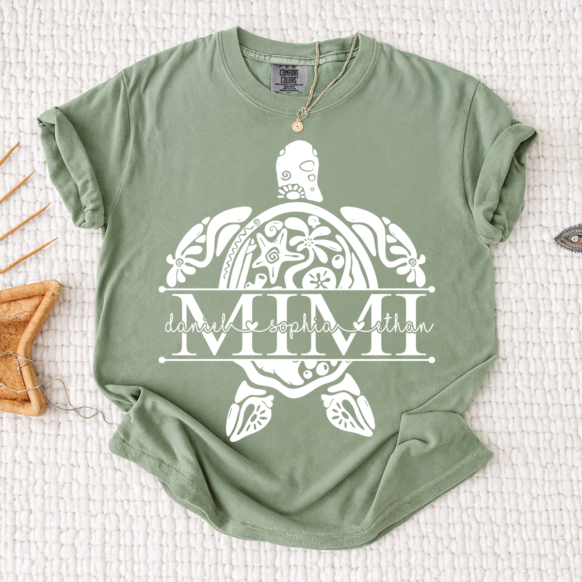 Personalized Mimi Sea Turtle Shirt with Grandkids Names, Coastal Grandma Tee, Custom Turtle Beach T Shirt, Gift for Mimi from Grandchildren