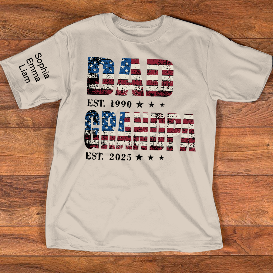 Personalized Dad Papa EST Shirt With Custom Names, Patriotic American Flag Family T Shirt