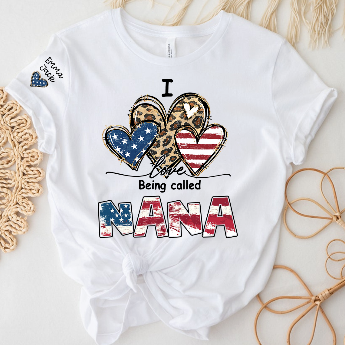 Custom I Love Being Called Nana Flag Heart T-shirt, Grandma Shirt with Kids, Mother's Day Gift for Grandma