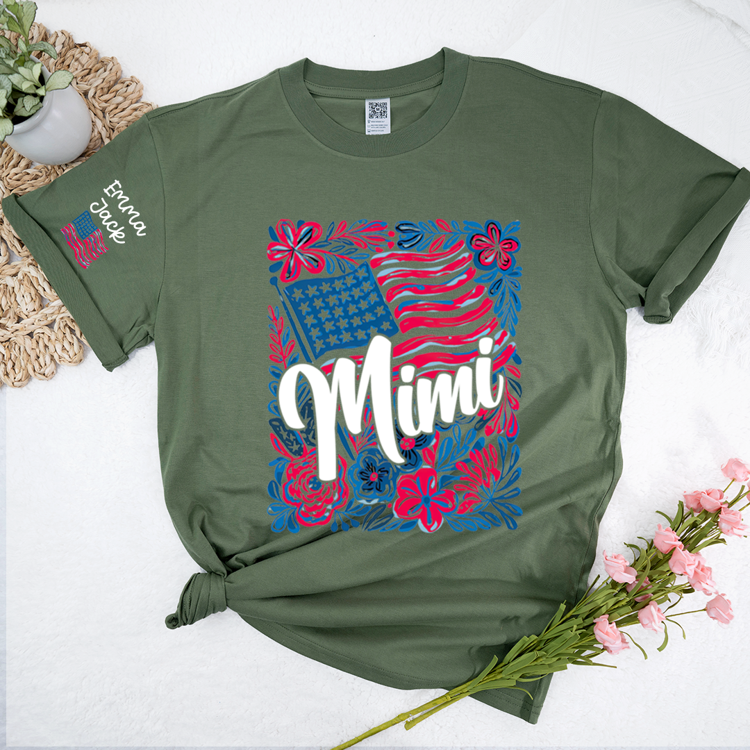 Mimi American Flag Floral Shirt, Custom Grandkids Names Family T Shirt