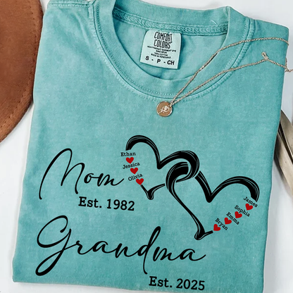 Custom Comfort Colors® Mom Est Grandma Est Hearts Kids Name