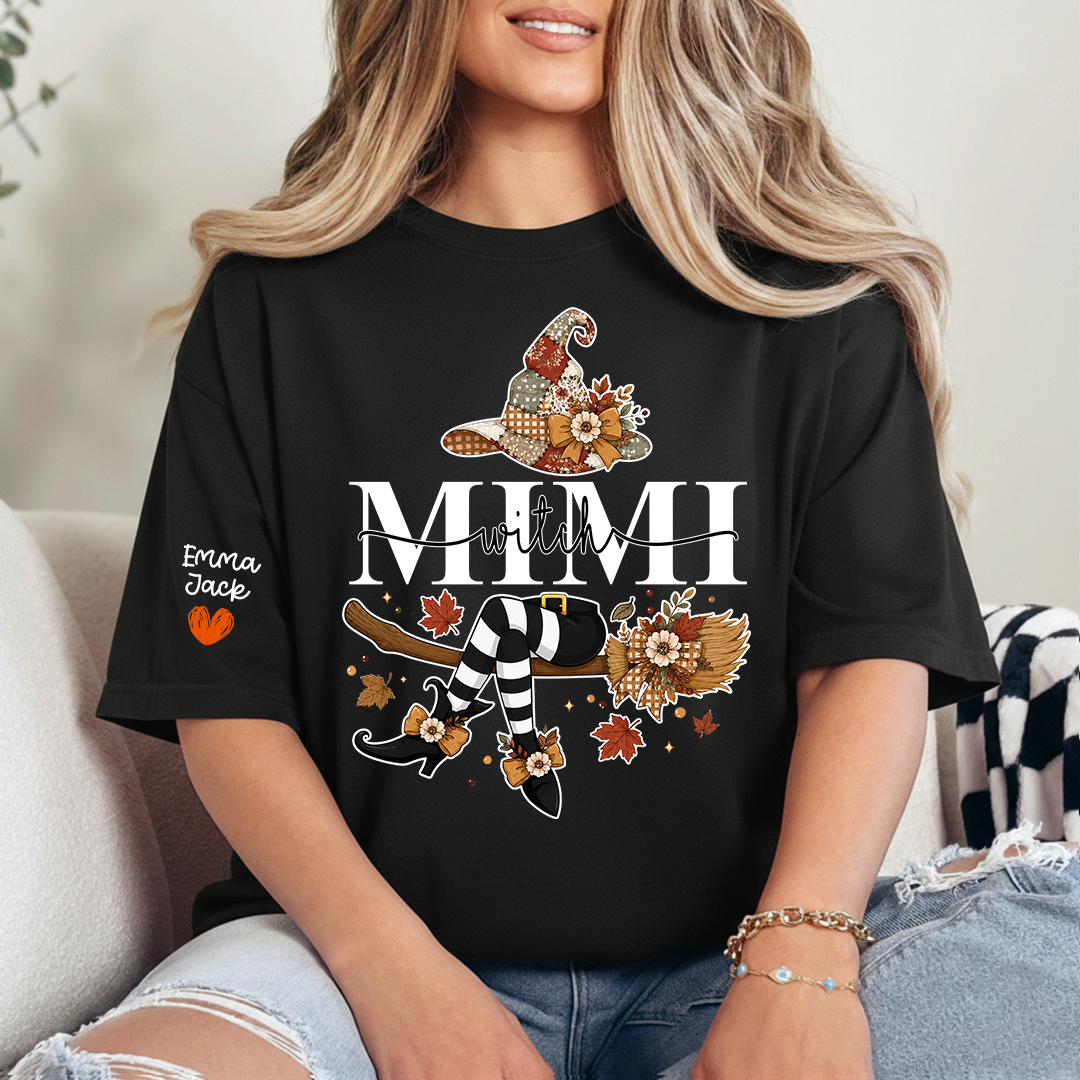 Funny Mimi Witch Shirt, Fall Halloween Grandma Graphic Tee, Personalized Family Names T Shirt, Cozy Autumn Gift for Mimi